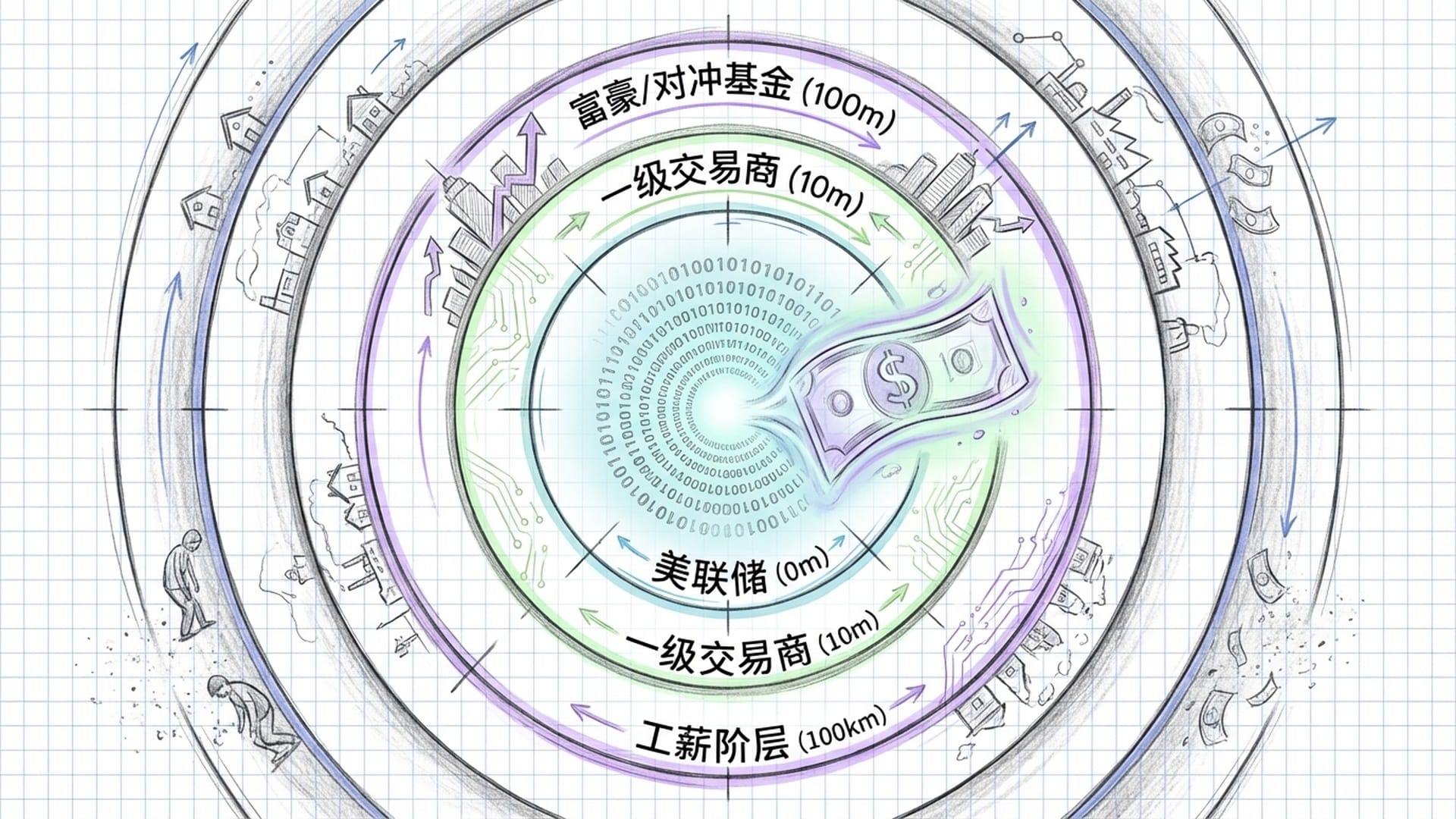 一串发光的二进制代码逐渐幻化成一美元的幻影。周围环绕着六个同心圆，代表不同的受益圈。