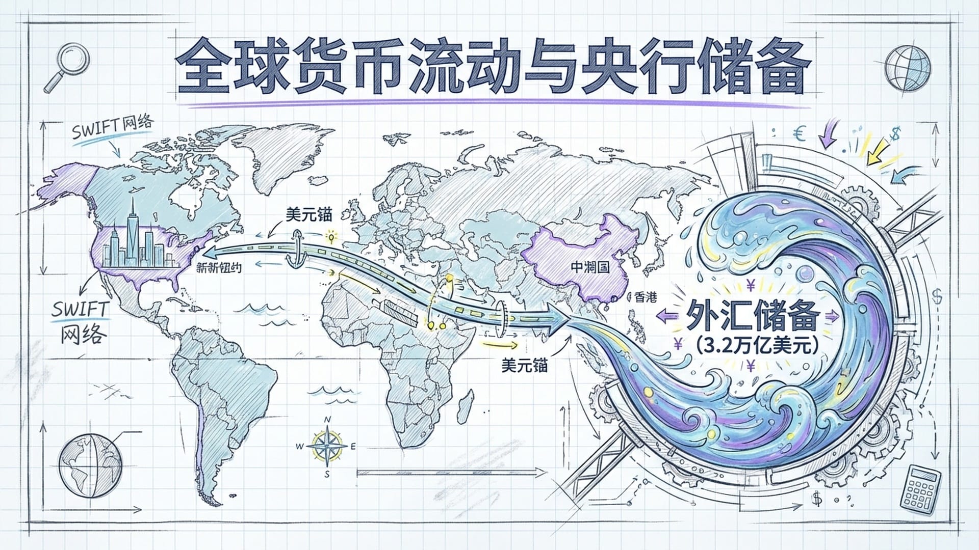 全球地图，钱流从纽约穿过大西洋到香港，再换算成人民币流入中国央行的外汇储备海洋。