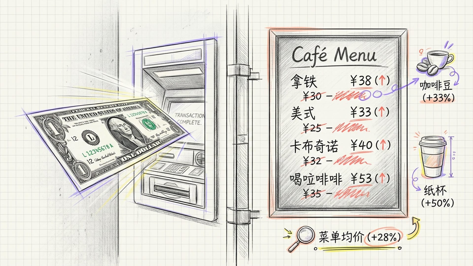 一美元纸币从ATM机吐出的特写，背景是洛杉矶网红咖啡馆的菜单。菜单价格标签正在被红笔改写。
