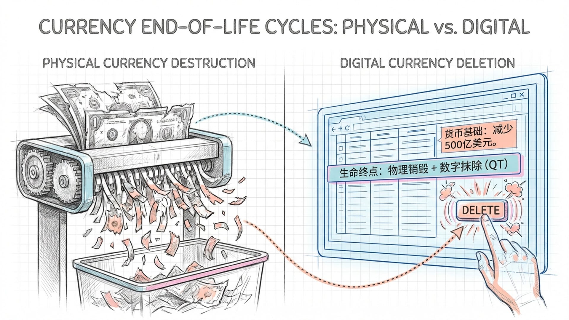 旧金山联储破碎机，残破的纸币化为纸屑。背景是一个蓝色的数据库界面，一条记录被高亮选中并按下Delete键。