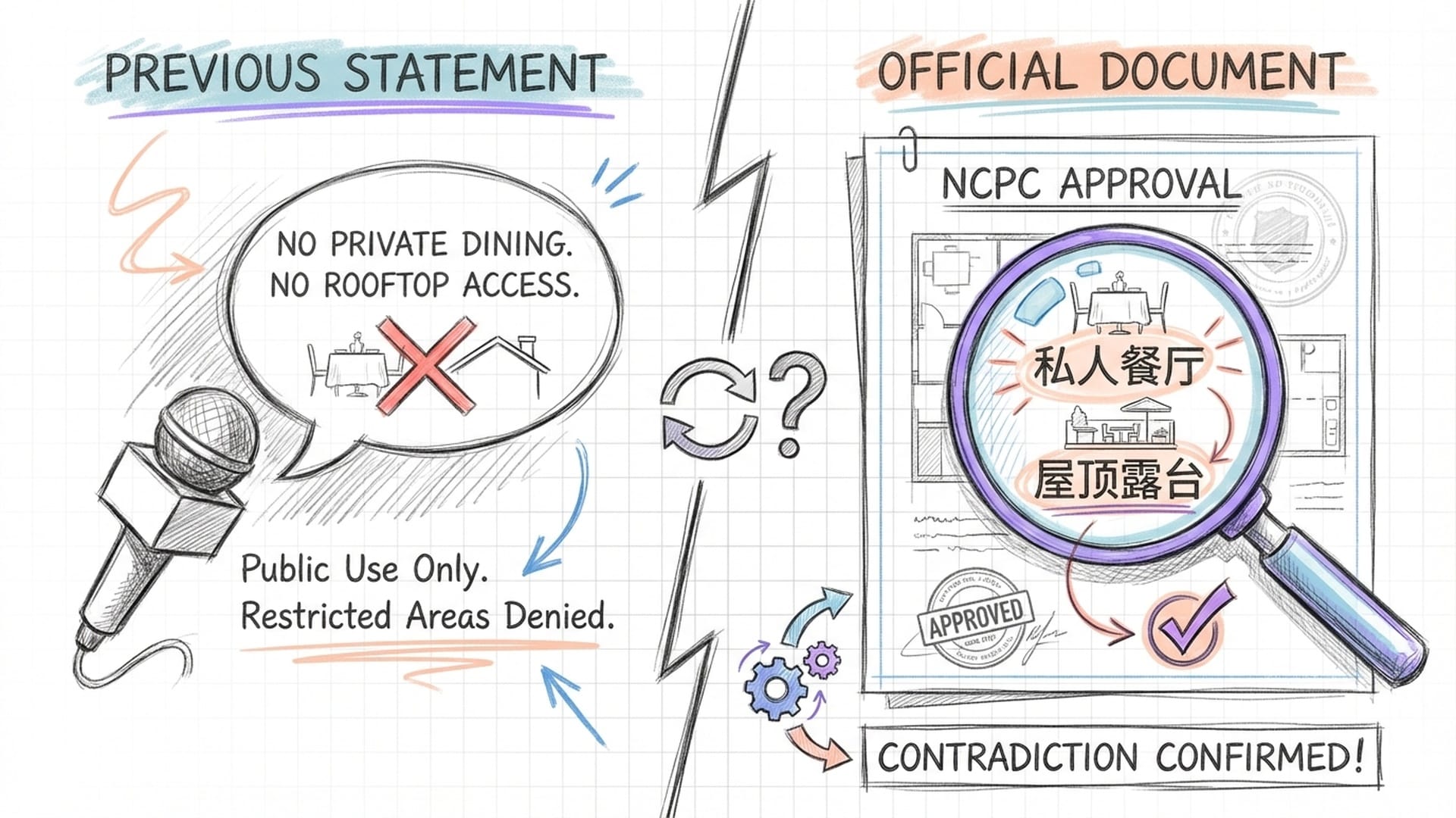 一个放大镜聚焦在官方文件‘NCPC Approval’上，高亮显示‘Private Dining’和‘Rooftop Terrace’字样与其之前的否认形成强烈对比。