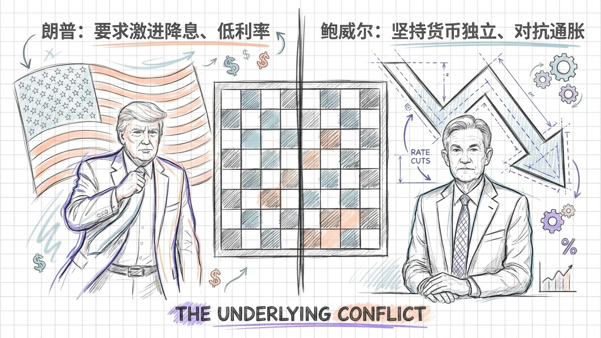 国际象棋棋盘，特朗普和鲍威尔分立两端，背景是飘动的美国国旗和代表降息的向下箭头。