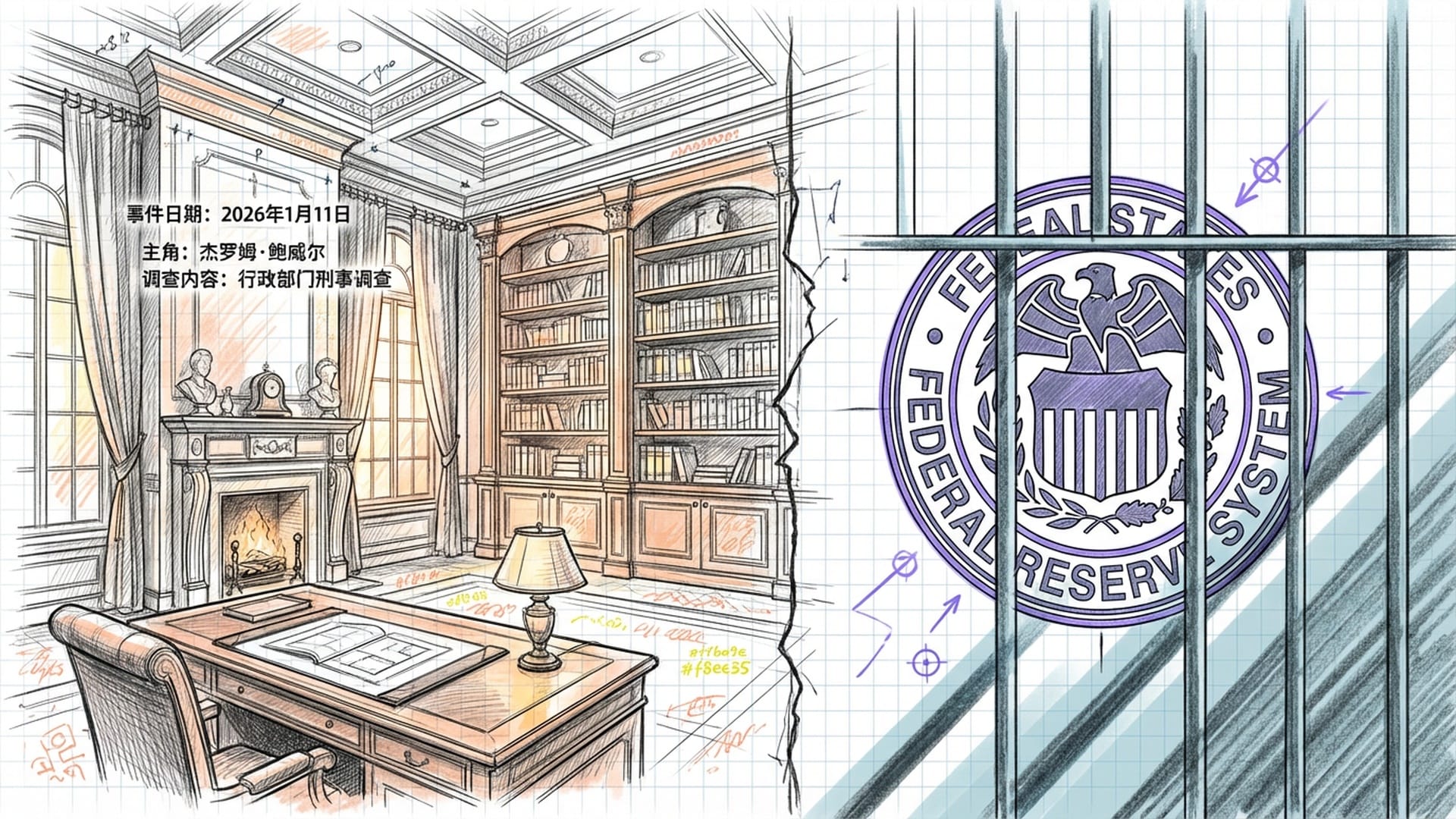分屏对比。左边是一个华丽的室内设计图草图，右边是冰冷的监狱栏杆阴影投影在美联储标志上，象征着荒诞的起因。