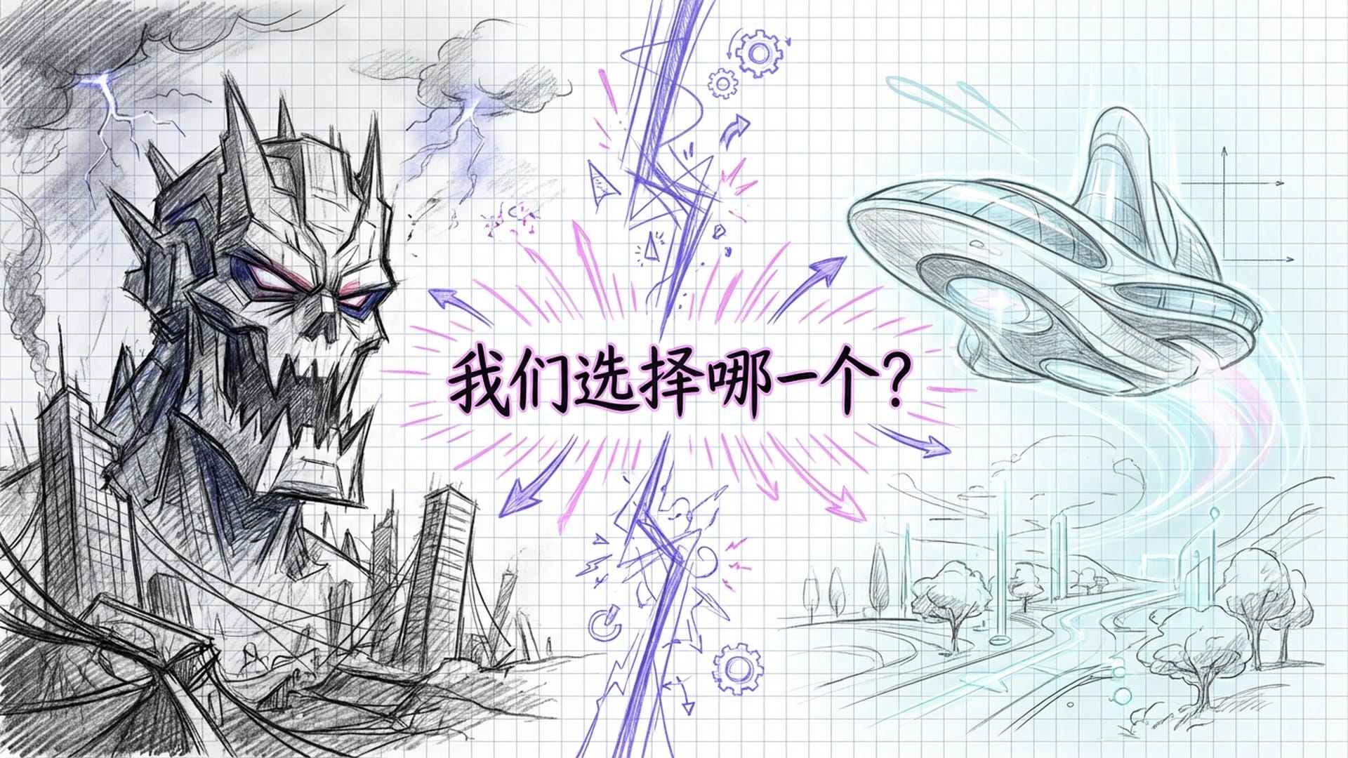 分裂的屏幕，左侧是暗红色的《终结者》天网感，右侧是明亮的《星际迷航》进取号感