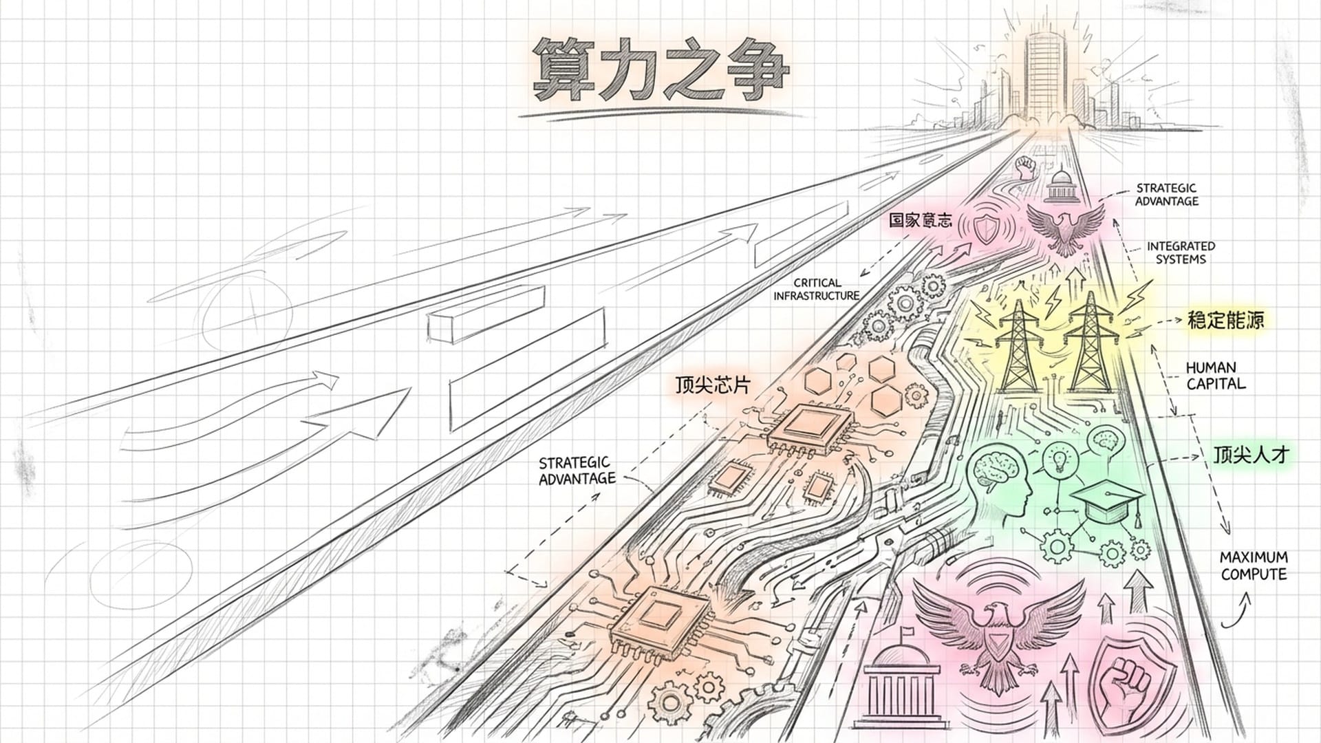 代表中美两国的抽象图形在算力赛道上竞争