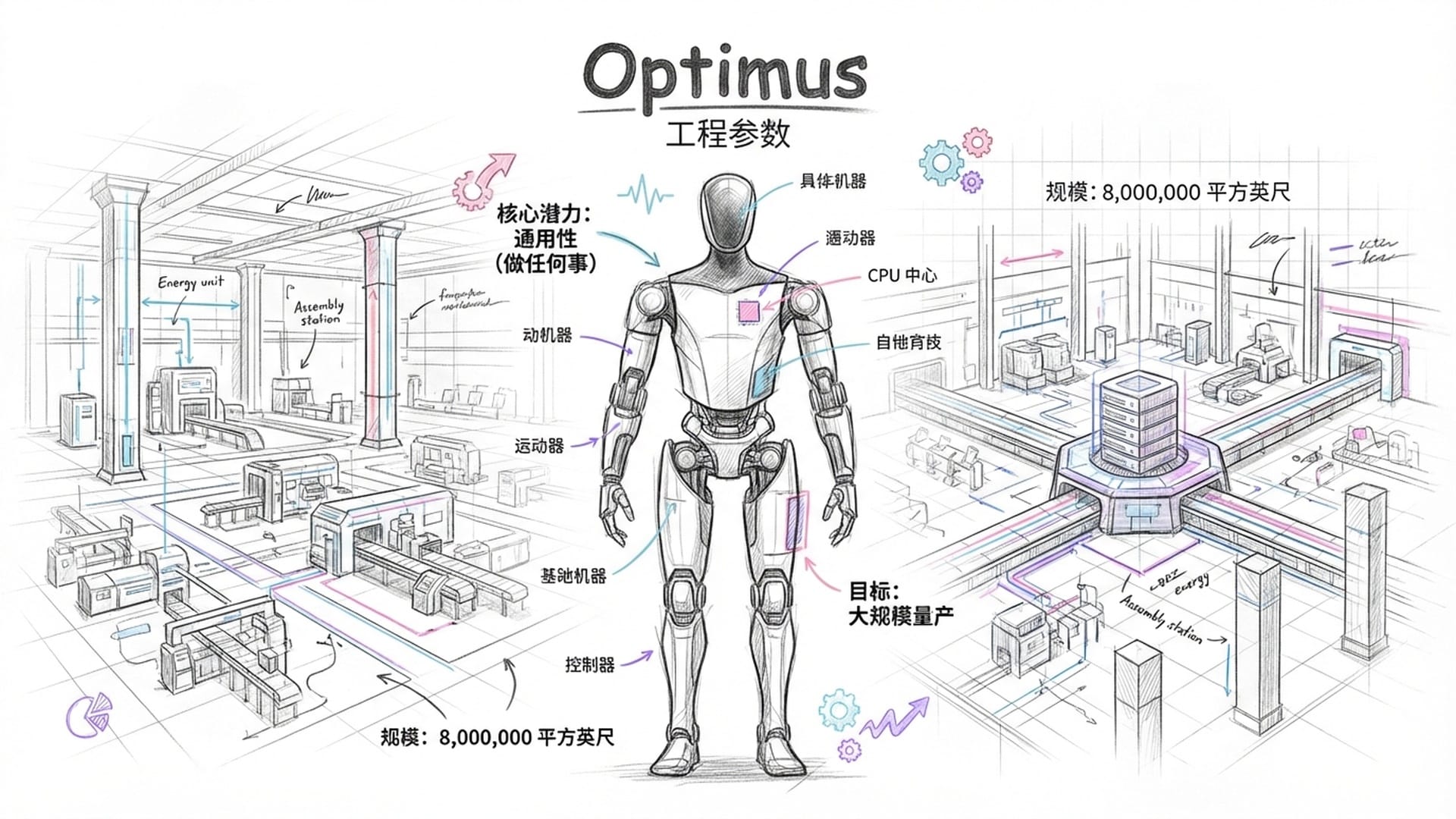 特斯拉人形机器人Optimus的细节特写，背景是巨大的八百万平方英尺工厂蓝图