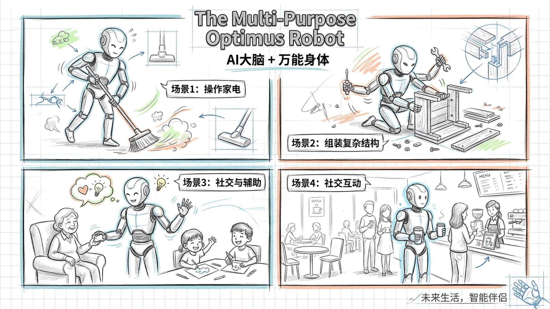 Optimus机器人在家庭环境中的多重剪影：扫地、组装家具、陪伴孩子、排队买咖啡