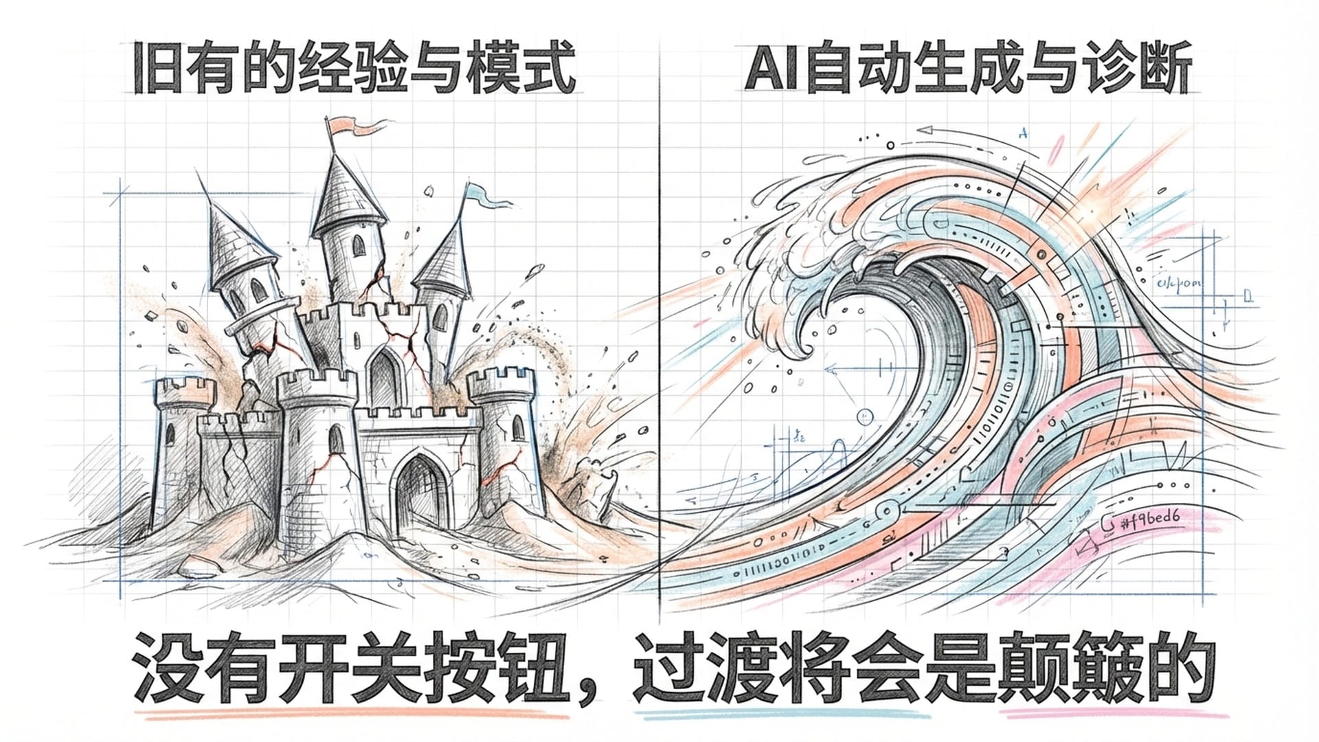 一侧是脆弱的沙堡，另一侧是数字浪潮，暗示职业结构的瓦解