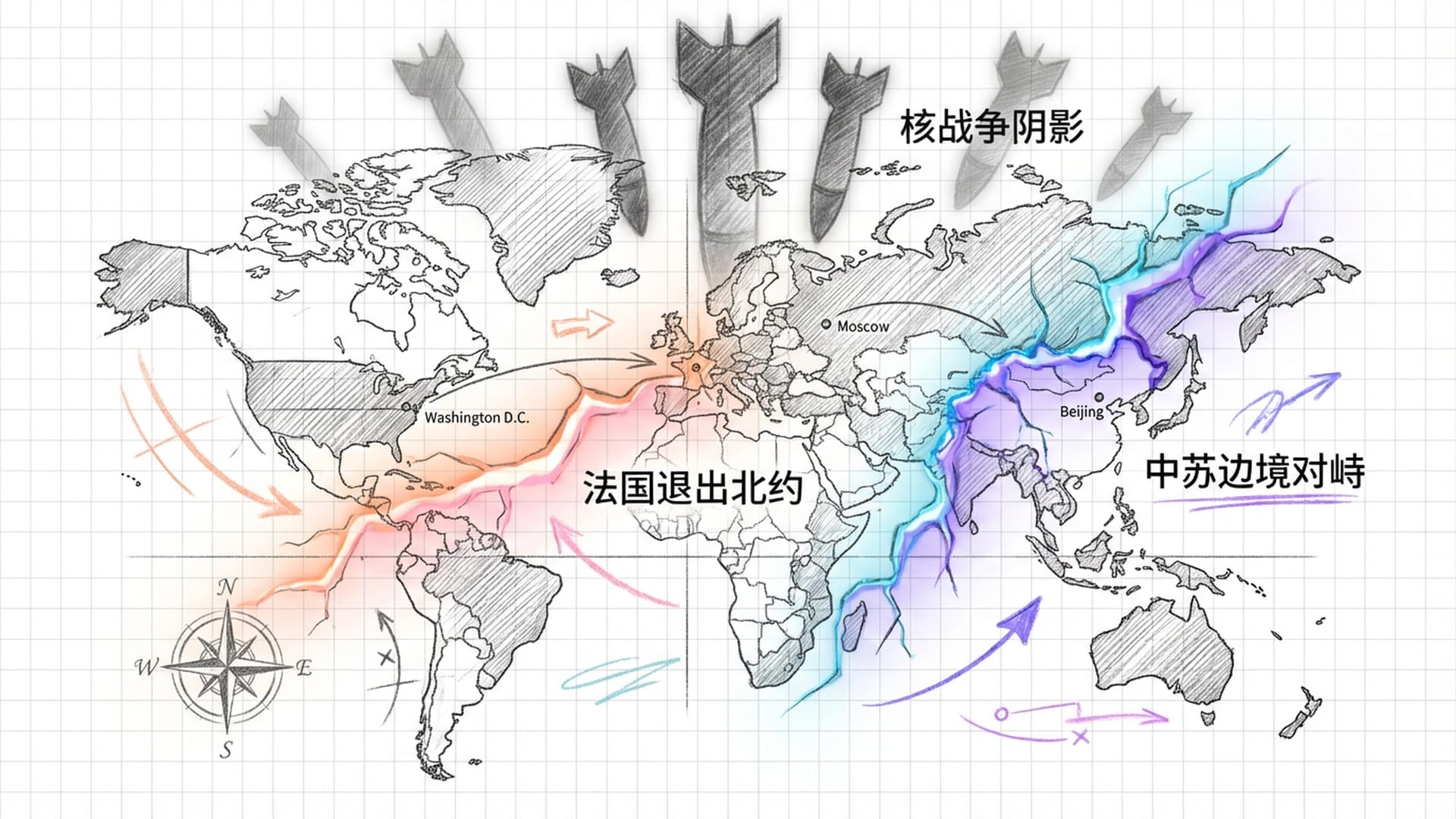 冷战时期的世界地图，美苏法之间的地缘张力用发光的裂痕表示，上空悬浮着核弹头的阴影。