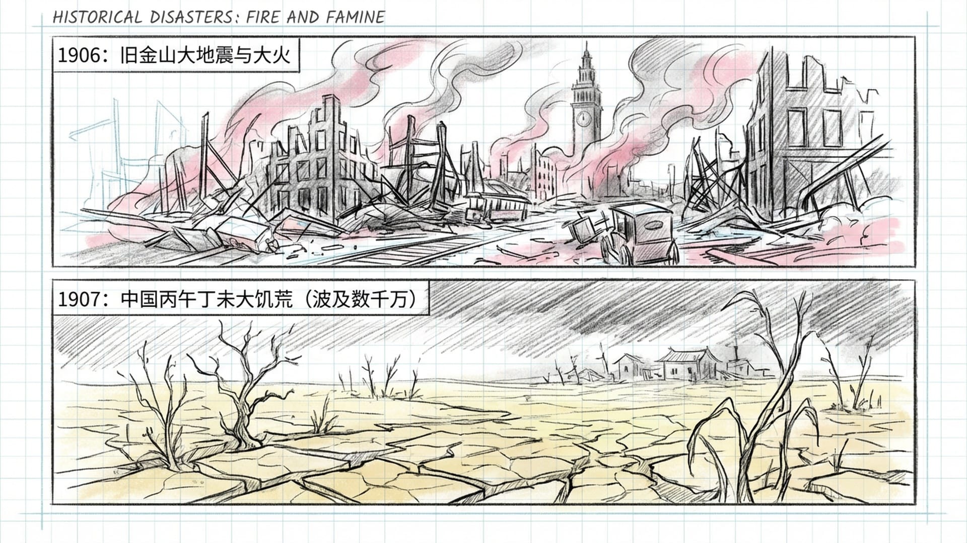 旧金山的火灾废墟与中国干涸的农田叠加，视觉上呈现出一种土灰与火红的压抑感。