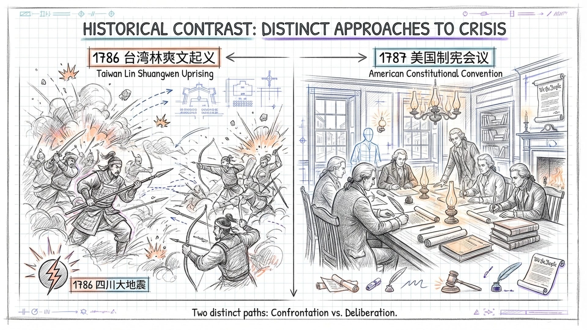 乾隆皇帝在台湾平乱的战争场面与费城国父们在油灯下起草宪法的宁静室内形成错位对比。