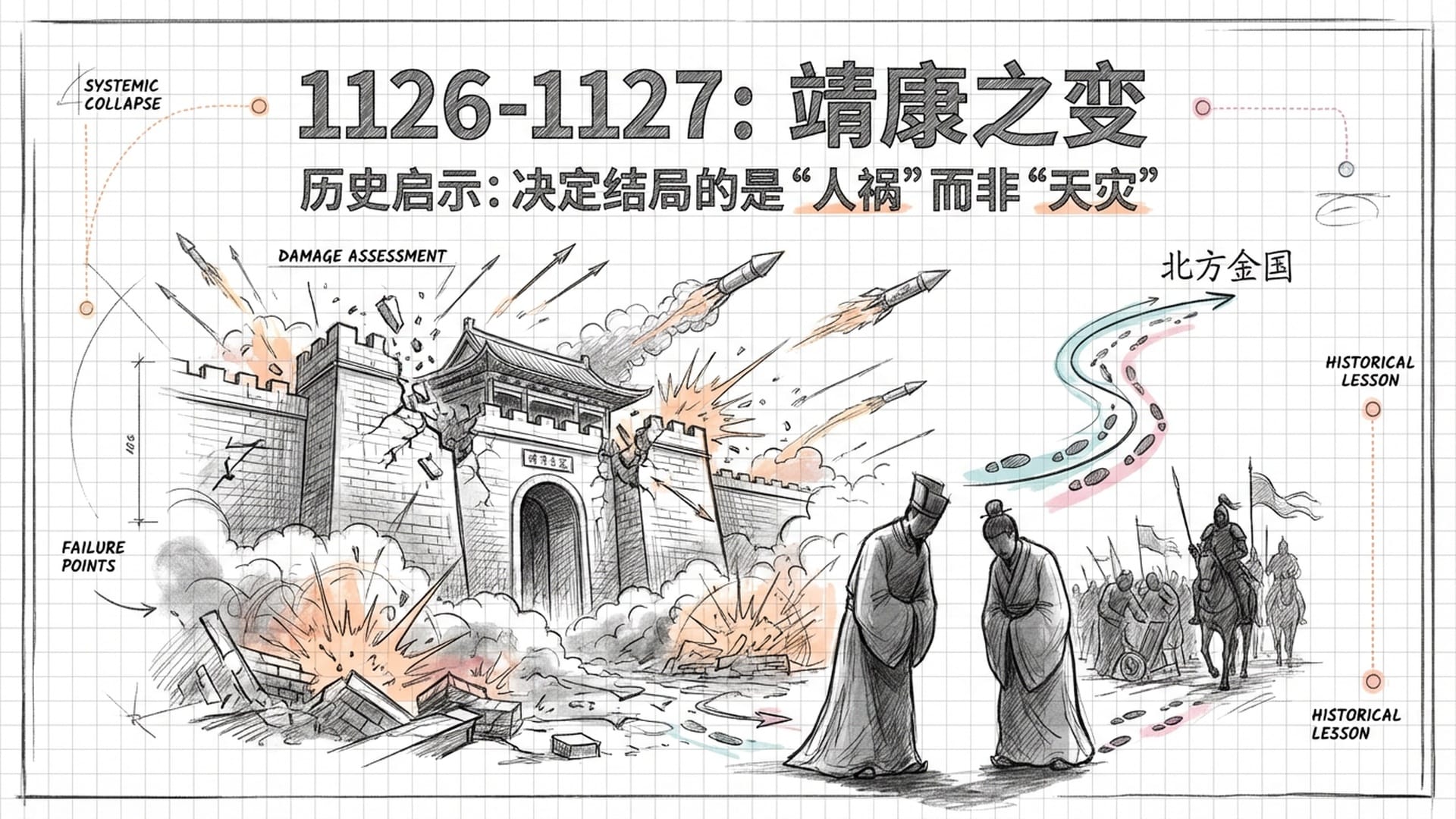 阴暗的水墨画风格，开封城墙在漫天火箭中崩塌，徽、钦二帝被押往北方的凄凉剪影。