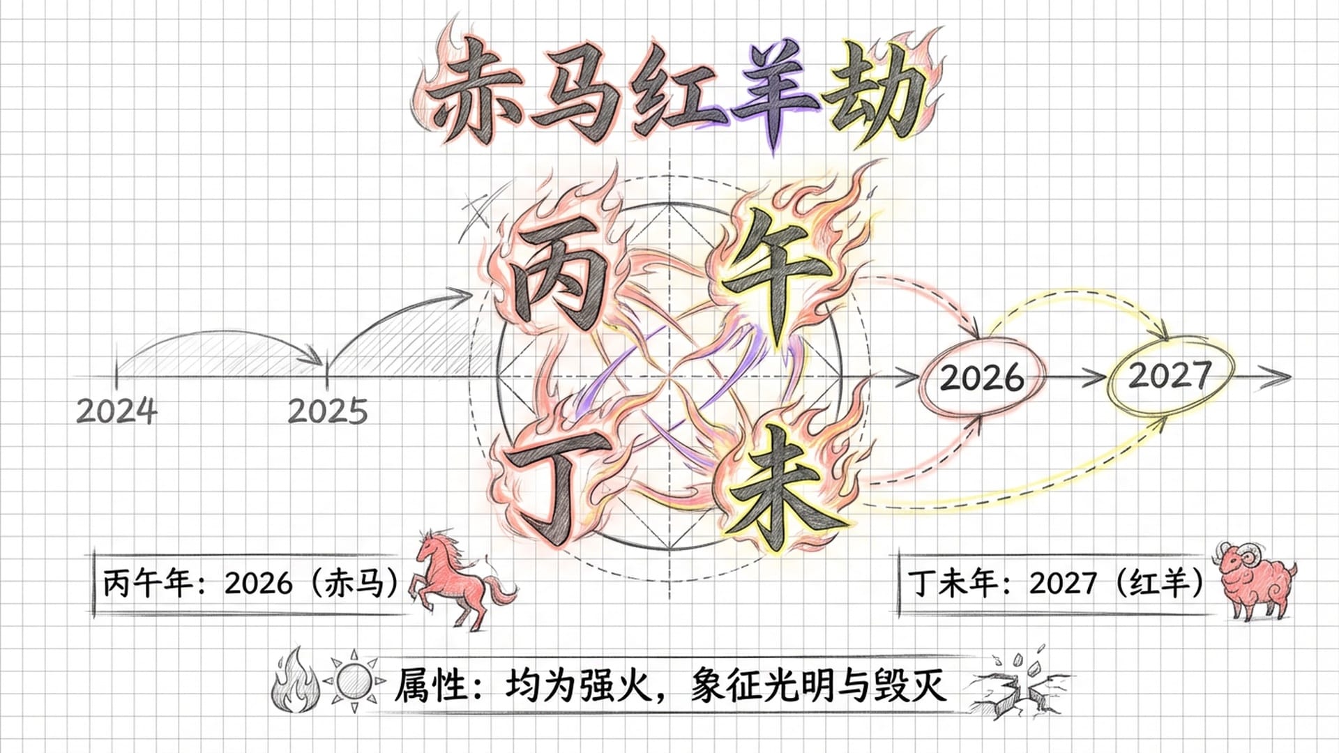 发光的干支图谱，丙、午、丁、未四个汉字被火焰包围，背景是2024到2027的时间轴线。