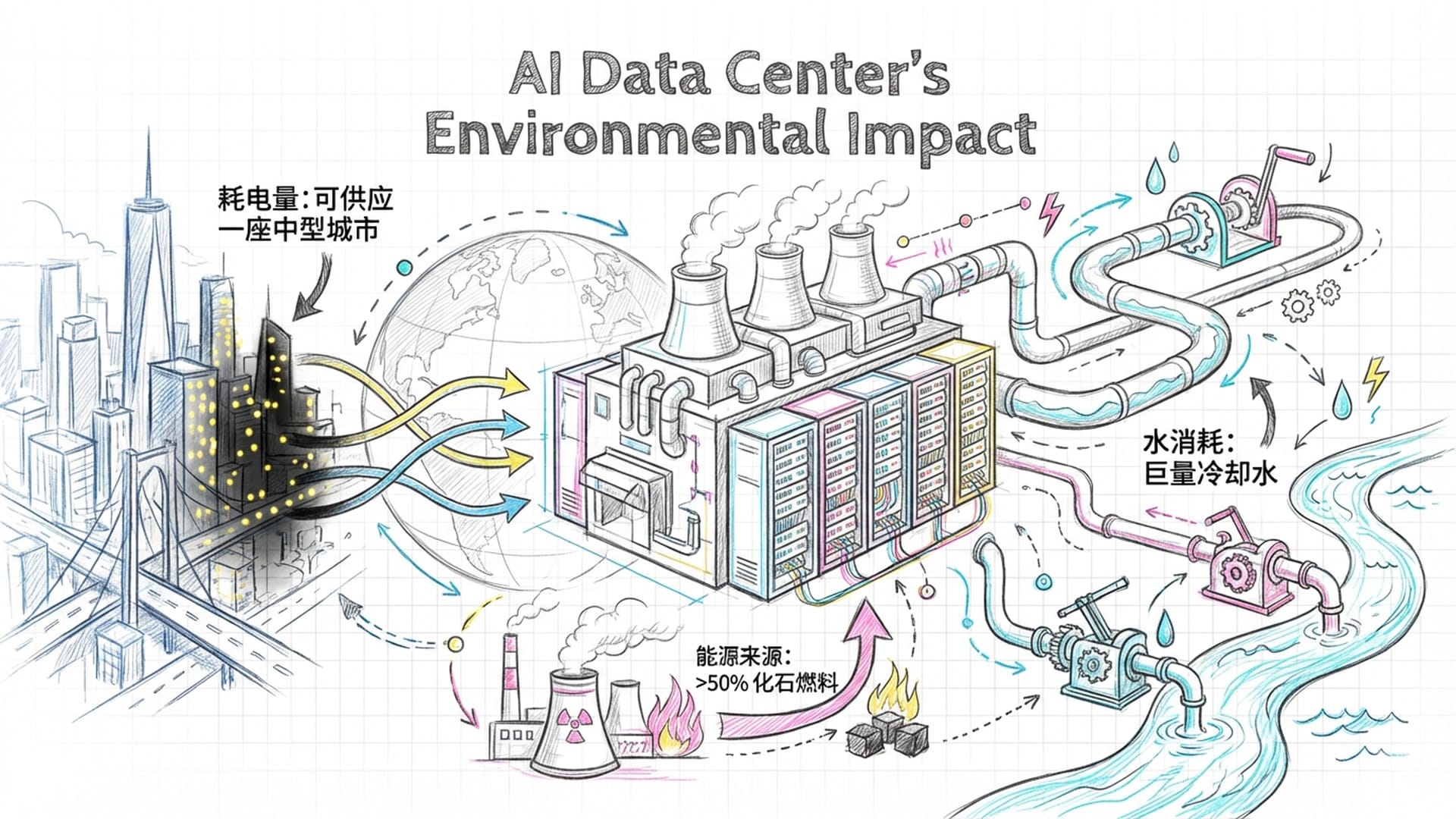 一个巨大的数据中心在地图中央，周围城市灯光逐渐熄灭，水泵源源不断地从河流中抽水降温。