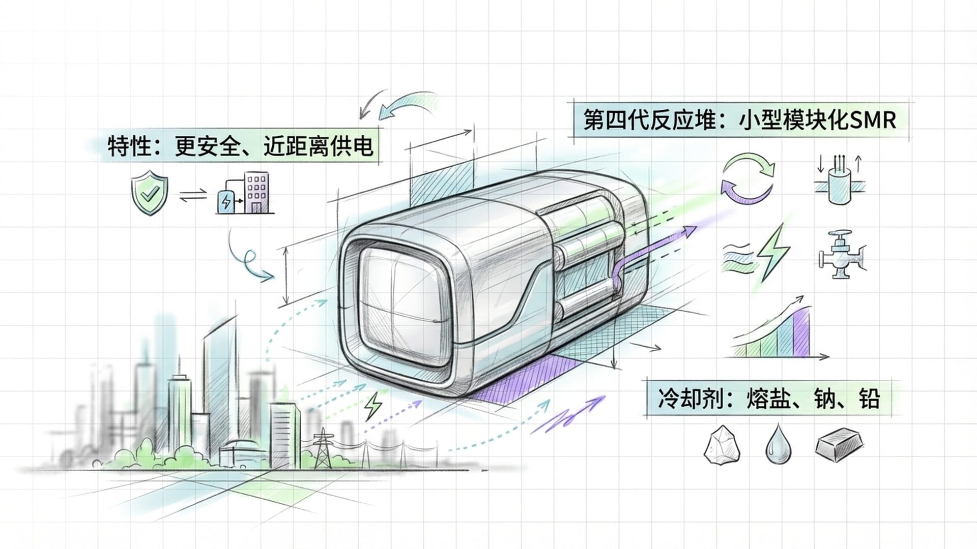 一个小型的、紧凑的核反应堆模块安装在城市边缘，外观平滑且有科技感，不再有巨大的冷却塔。