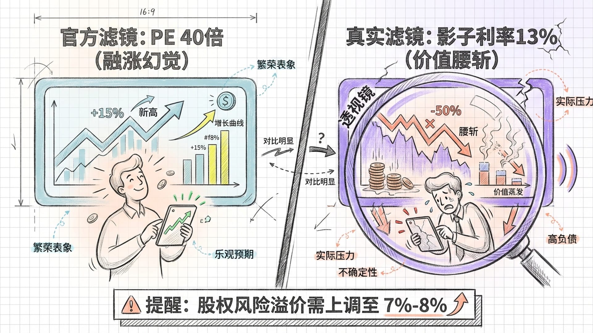 投资者面对两个屏幕，左屏显示虚假的低息繁荣
