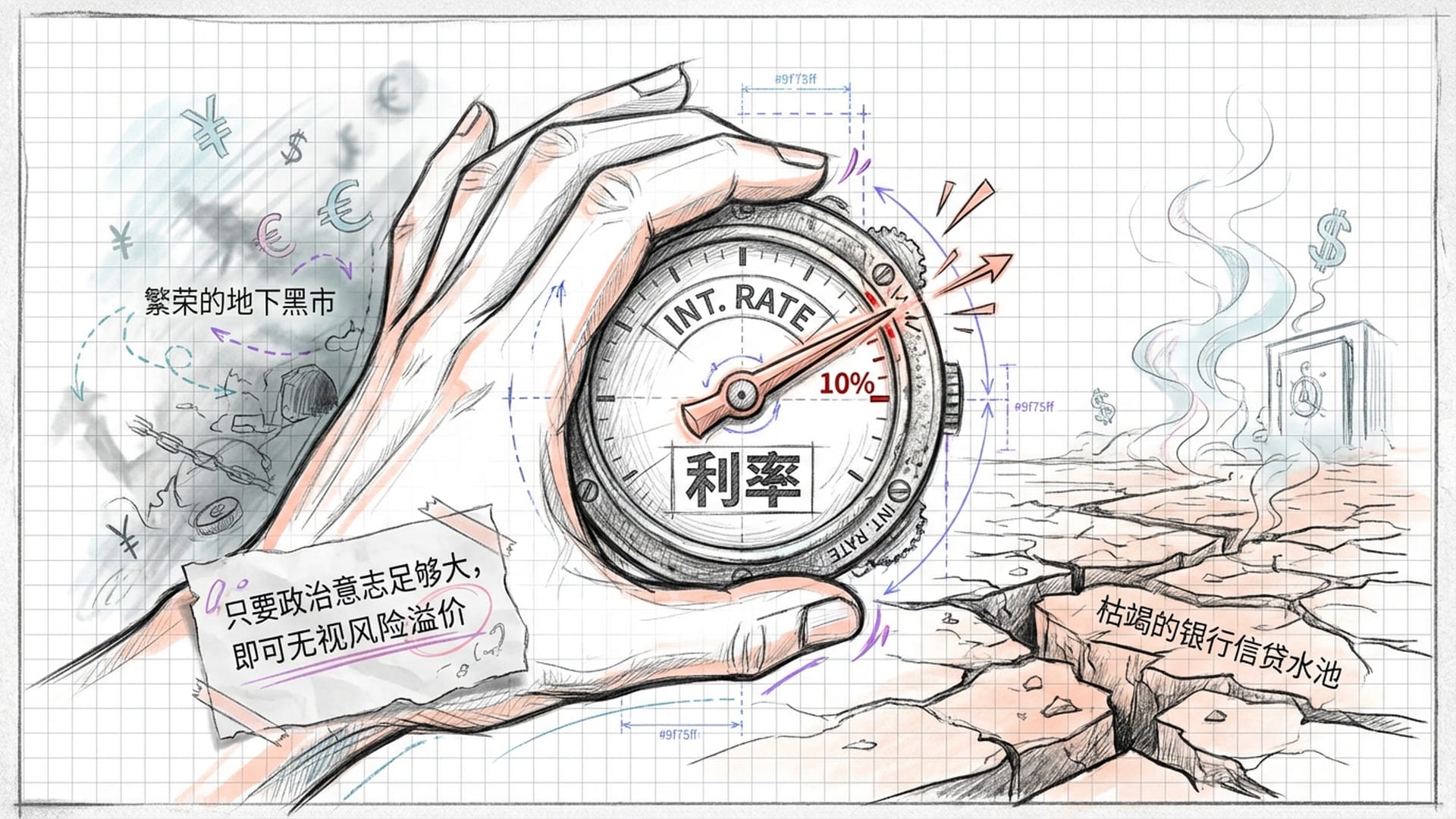 巨大的政治之手在拨动标有“利率”的仪表盘
