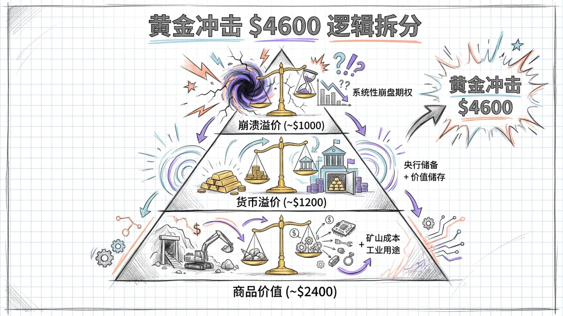 三组黄金天平：崩溃溢价、货币溢价、商品价值