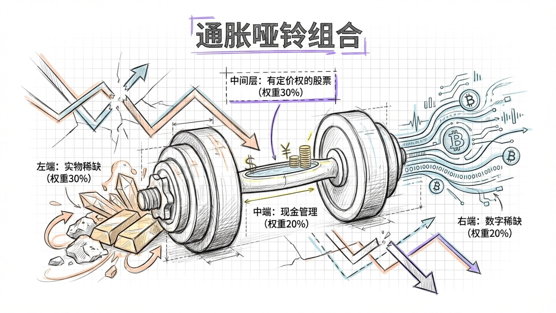 一个巨大的哑铃，左侧堆满黄金和稀土