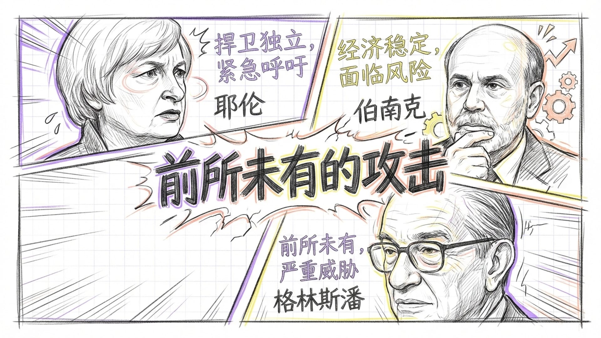 耶伦、伯南克、格林斯潘三位前主席联手发表声明的震撼场景。背景是这些智者的手写签名，传达沉重的警告信息。