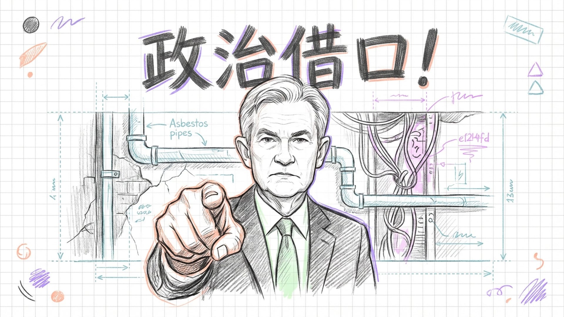 鲍威尔在视频中发表声明，眼神坚定。背景是斑驳破旧的墙皮和露出的石棉管，强调翻修的‘必要性’而非‘享受’。