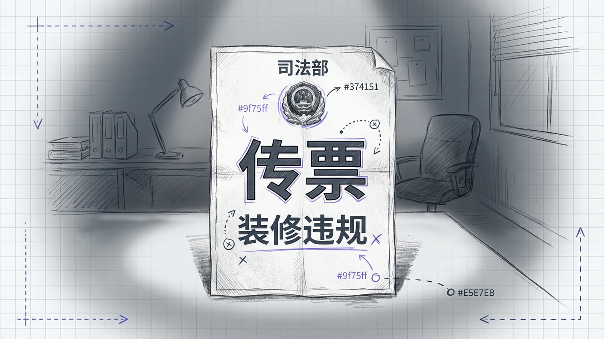 办公室内部特写，一张印有司法部（DOJ）标志的传票拍在桌面上，特写镜头聚焦于‘装修违规’字样，冷峻的电影感。