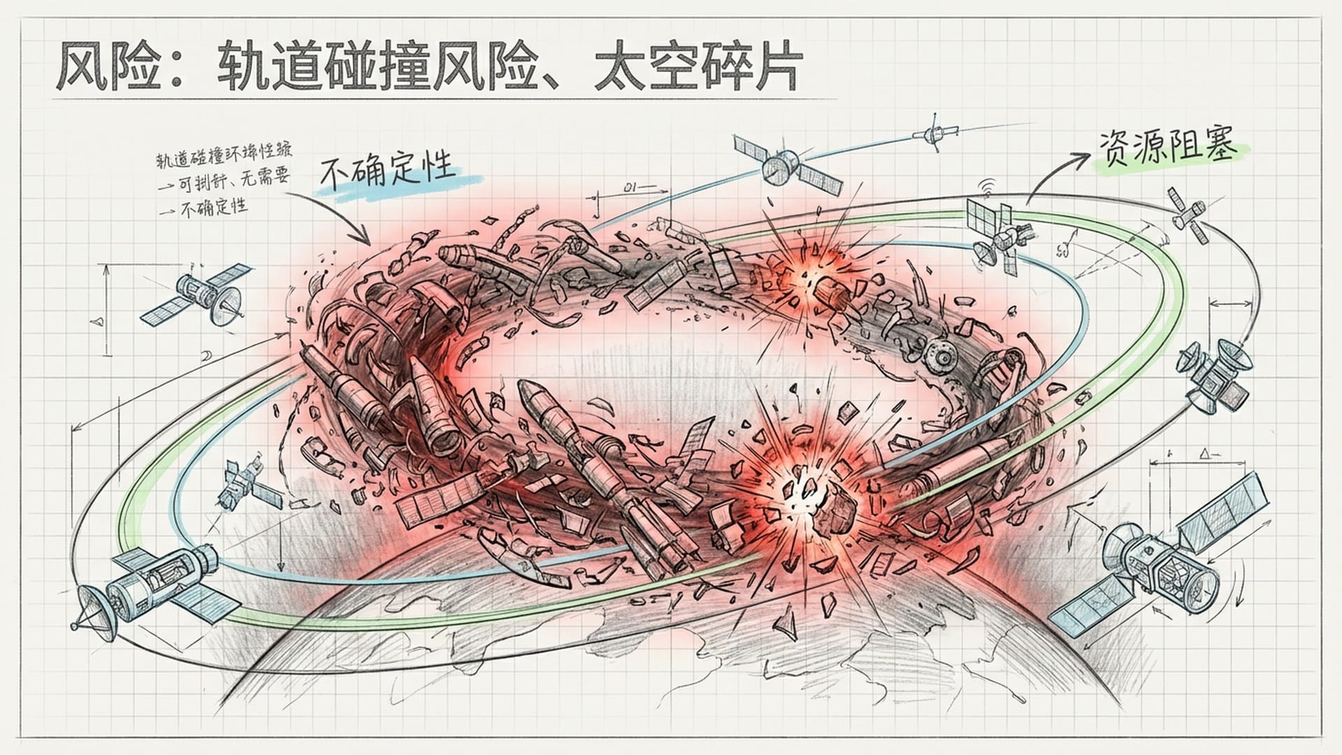 低地轨道密布卫星，产生碰撞后的碎片链条（凯斯勒效应），透着暗红色的危险警示。