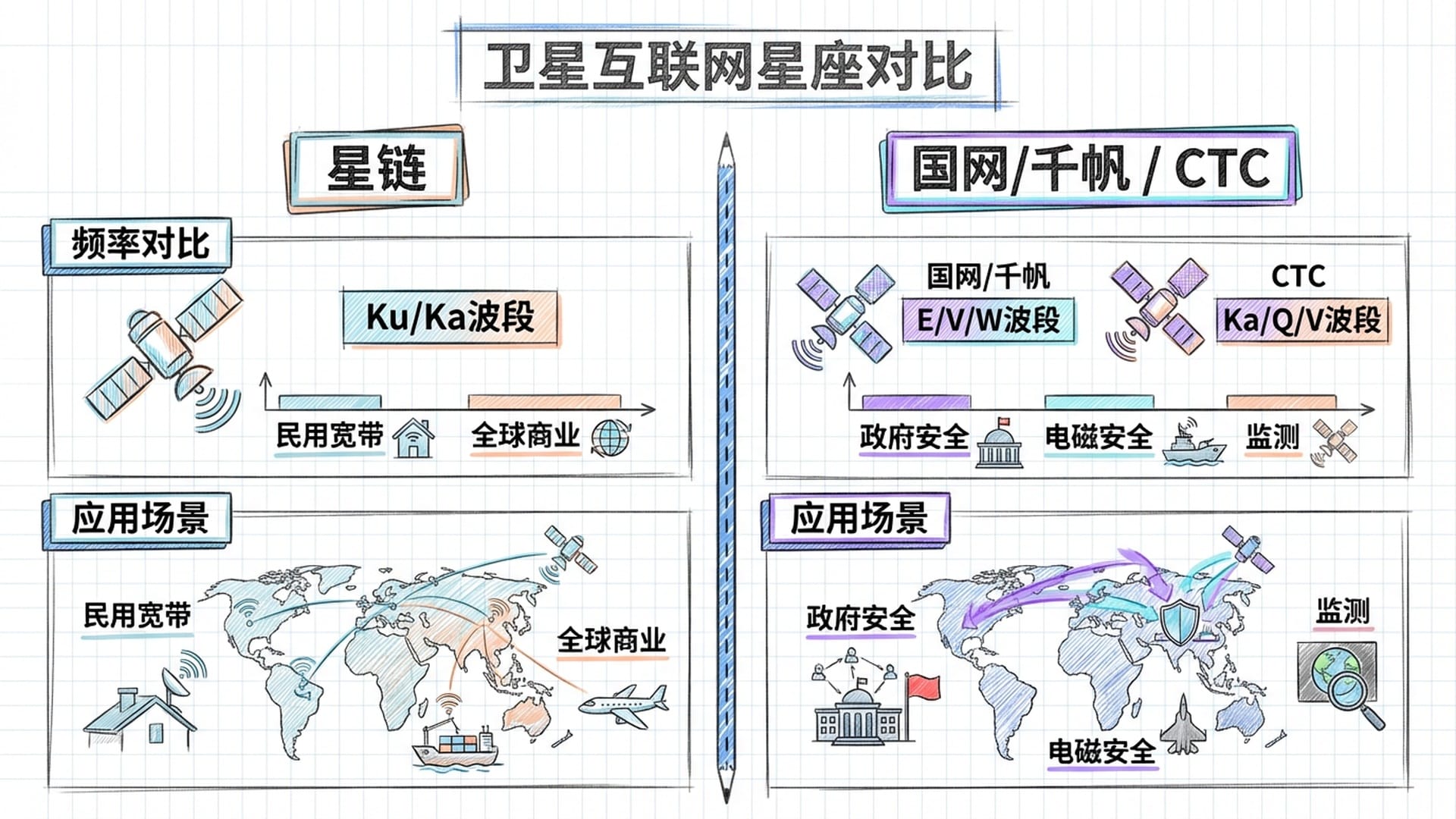 对比表格，展示中国星座与SpaceX星链在频段和应用场景上的差异。