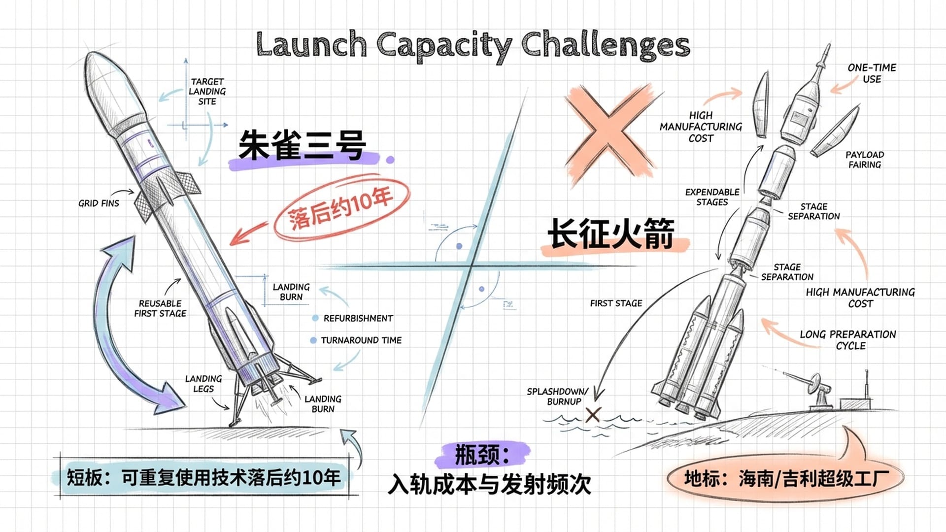 一次性长征火箭与可重复使用火箭朱雀三号的对比，巨大的成本红字标注。