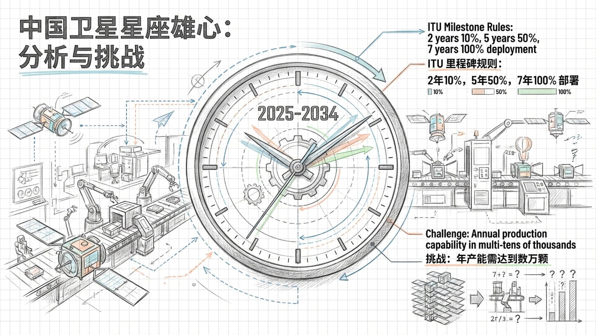 一个巨大的时钟盘面，刻度是2025-2034年，指针飞转，背景是繁忙的卫星组装流水线。