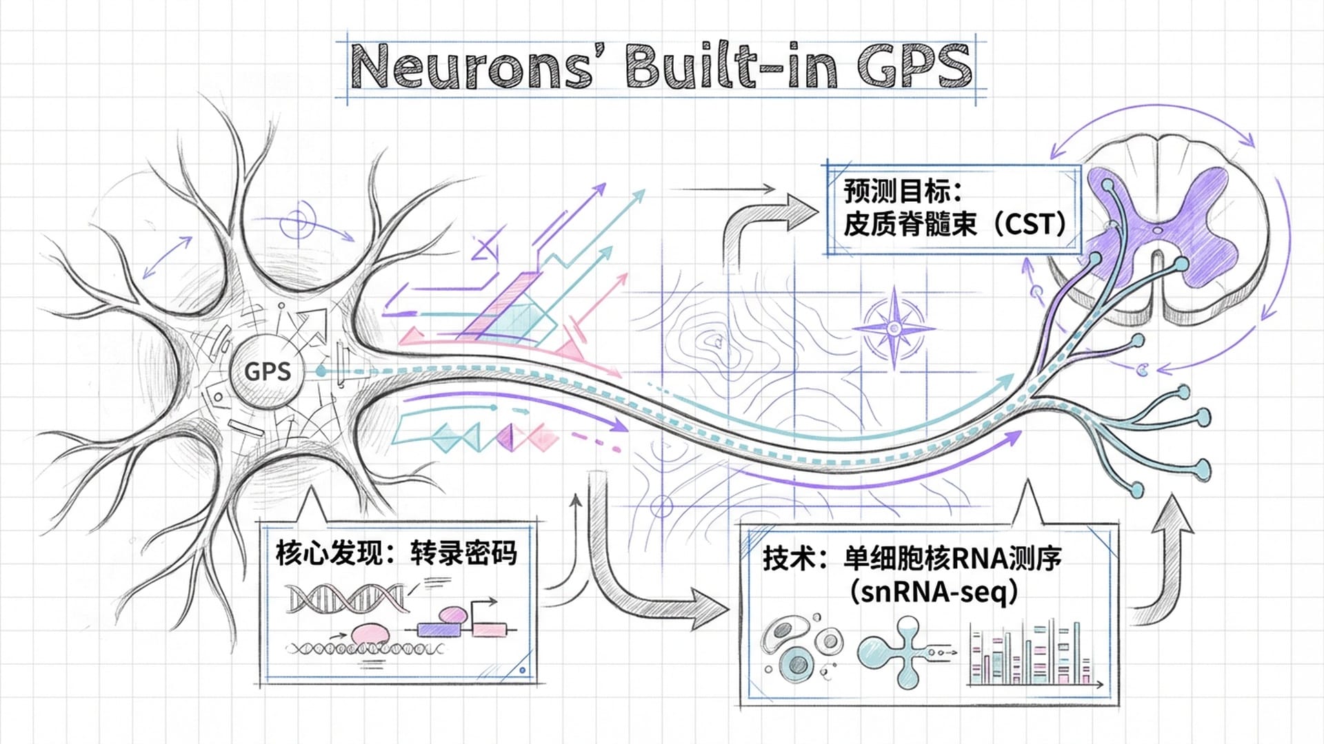 神经元内部的转录组地图，类似GPS导航系统的界面，显示出轴突向特定目标（脊髓）生长的路径。
