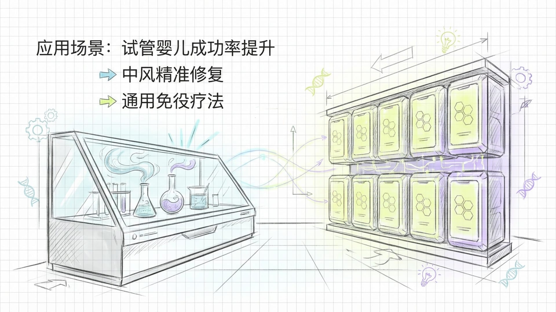未来医院的实验室，含有母体信号因子的培养液瓶，及经过基因编辑的智能神经元保存库，充满希望感。