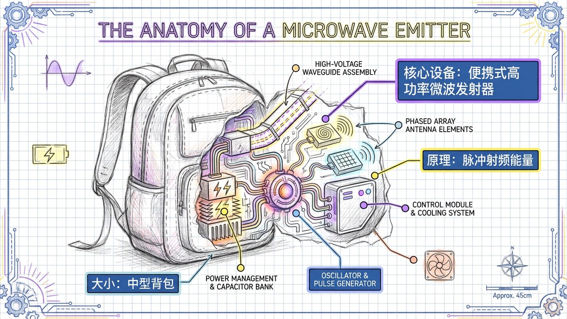 被拆解的背包，露出内部复杂的电路
