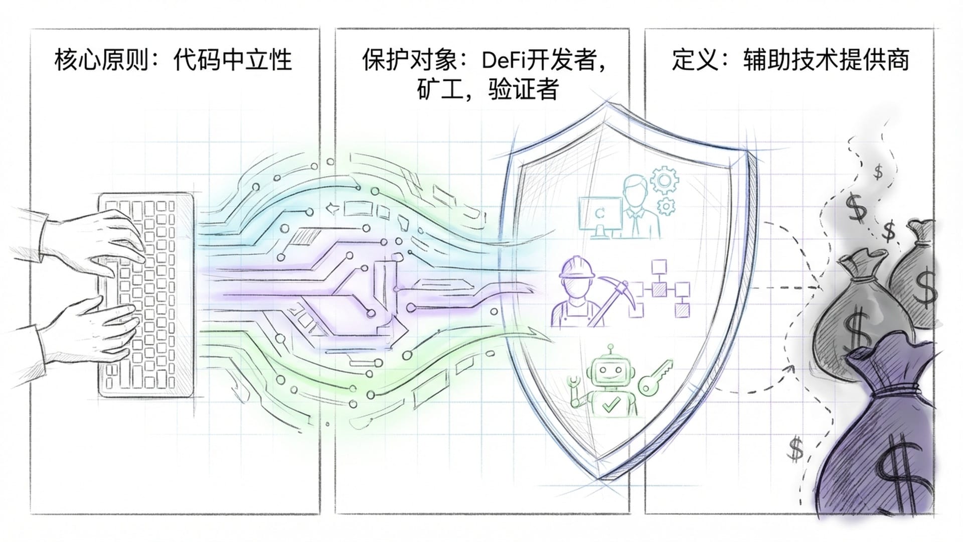 A developer hands typing code that glows with a protective aura, a shield separating code from money bags.