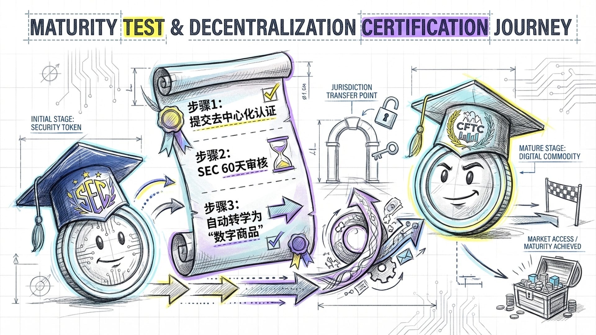 A graduation ceremony where a crypto token changes its cap from an SEC logo to a CFTC logo, a checklist scroll.
