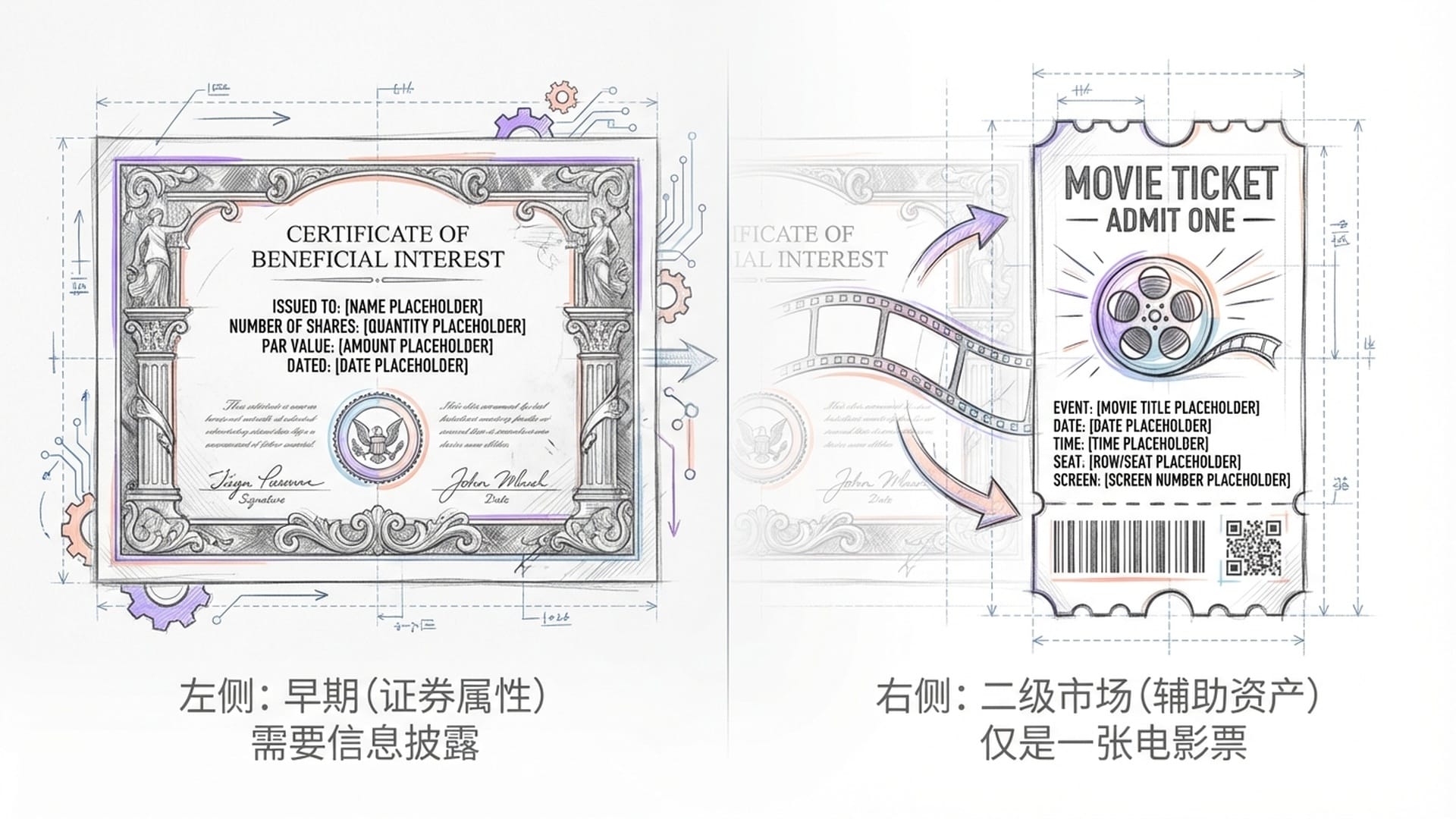 A movie theater ticket transforming from a stock certificate into a simple functional ticket, double exposure effect.