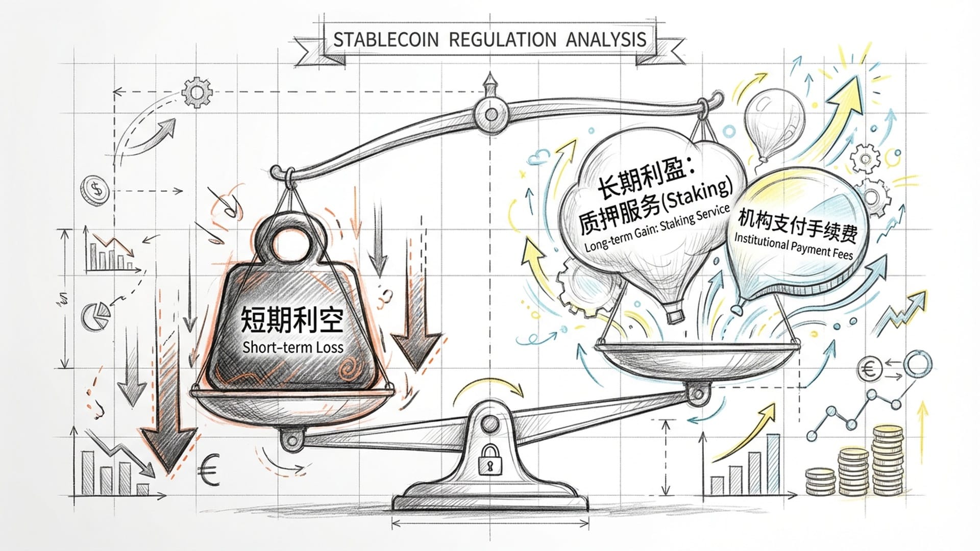 A scale balancing a red 'Interest Loss' against a green 'Network Utility' and 'Staking Income'.
