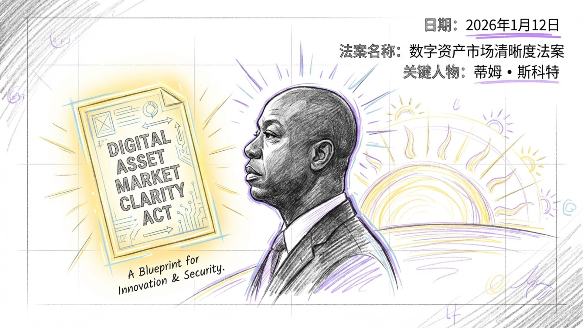 Senator Tim Scott's profile silhouette, a glowing digital document labeled 'Digital Asset Market Clarity Act', sunrise background.