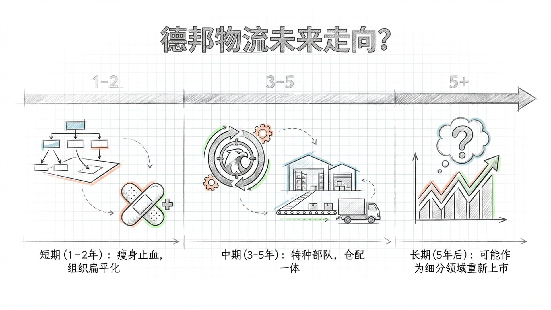 一条时间轴延伸向未来，标注短、中、长期三个节点的关键动作。