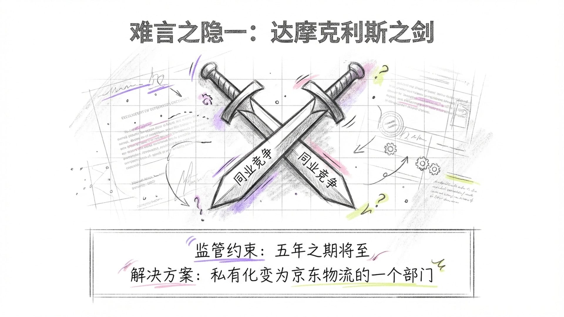 两把交织的利剑指向地面，标注为“同业竞争”，背景是法律条文的虚影。