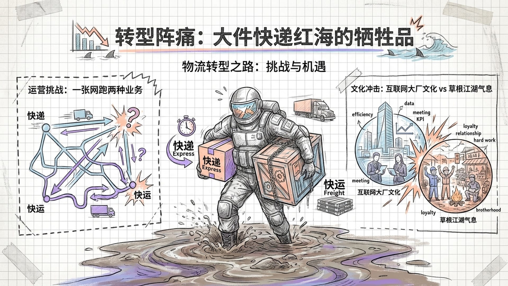 一个穿着重甲的士兵在泥沼中试图奔跑，包裹着快递和快运两个不同的包裹，显得力不从心。