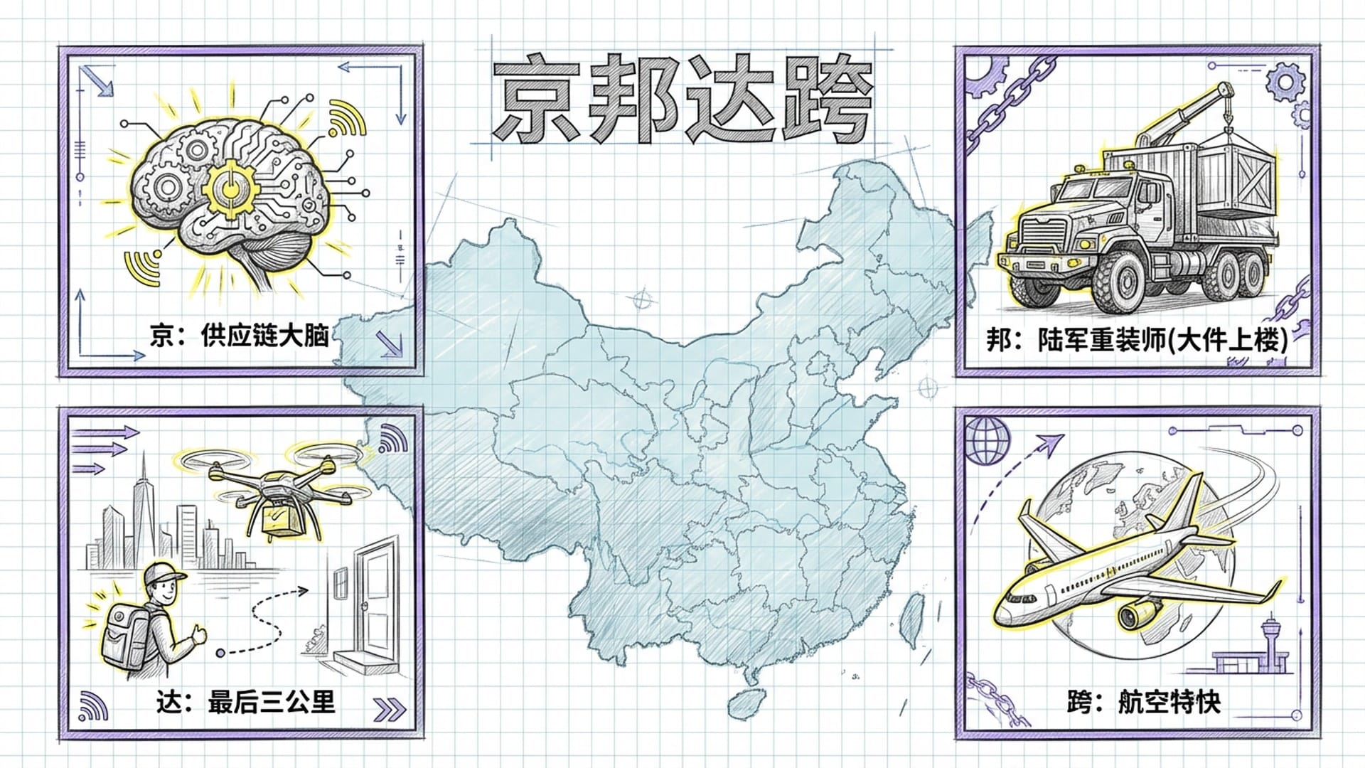 中国地图上分布着四个颜色的方块：京东(大脑)、德邦(陆军)、达达(末端)、跨越(航空)。