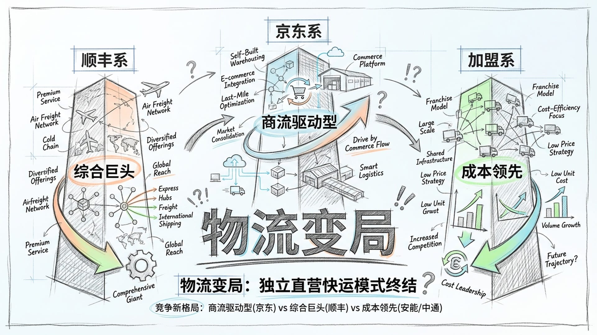 三根巨大的柱子支撑着物流市场，京东系、顺丰系、加盟系各有特色。