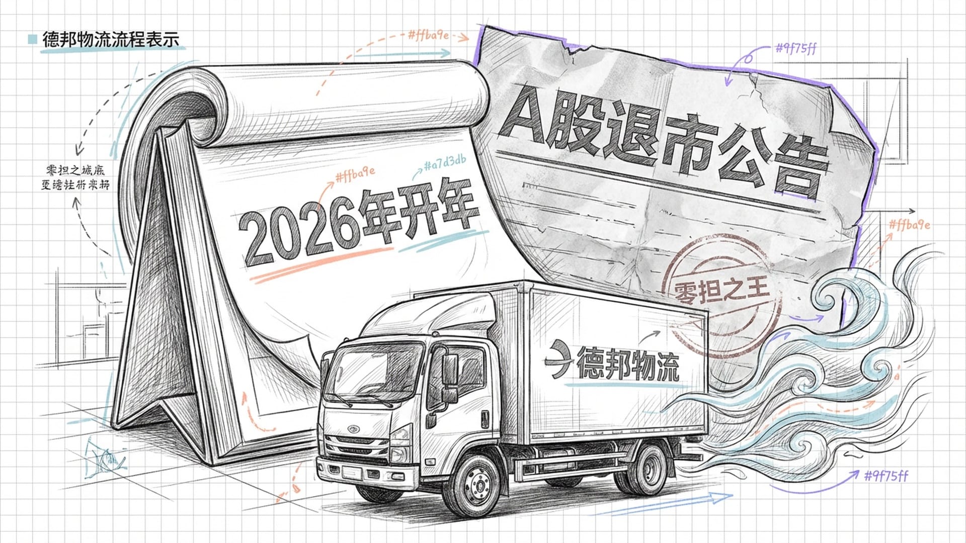 巨大的日历翻到2026年开年，一张A股退市公告作为背景，前景是德邦物流的货车驶向迷雾。