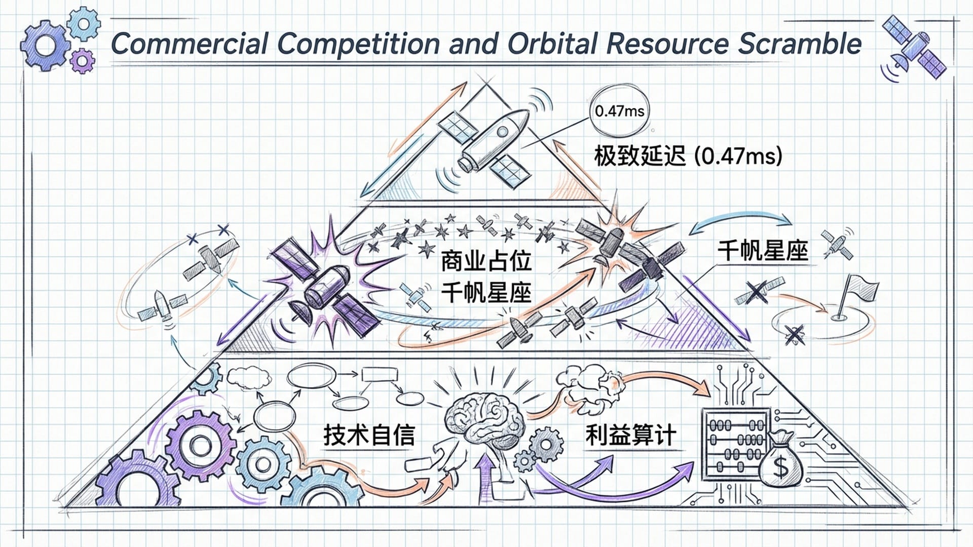 商业竞争示意图。延迟时间对比，以及轨道资源的‘跑马圈地’视觉感。