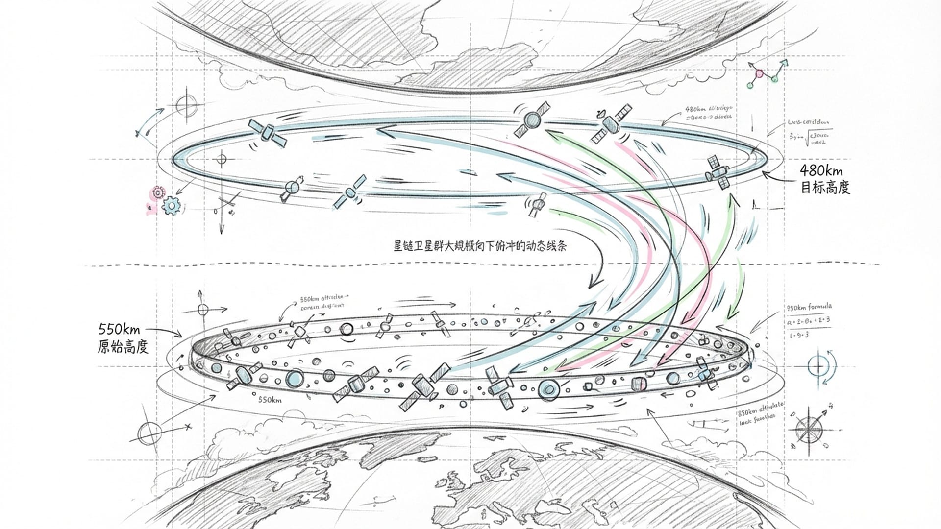 太空俯瞰图，展示不同高度的彩色轨道环。卫星正在从上层向内层移动。