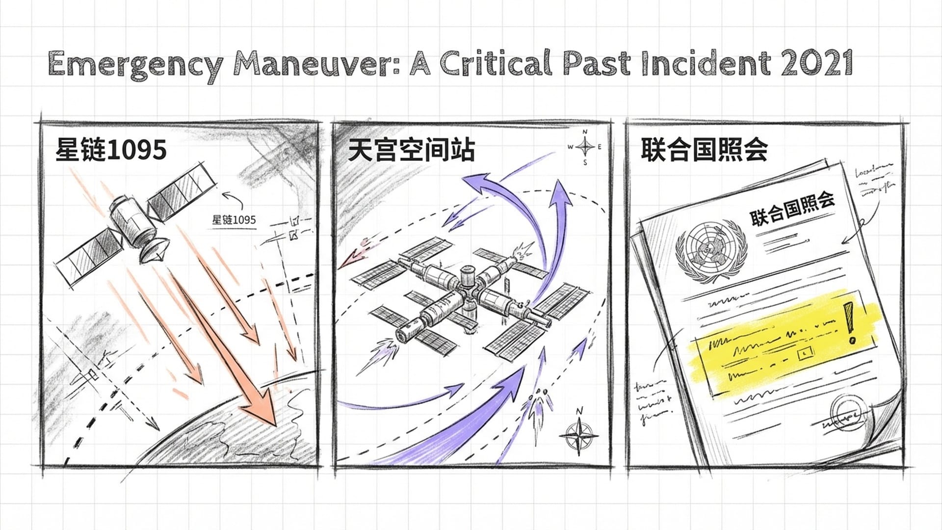 回顾2021年险情。中国空间站进行紧急避碰演练的示意图，线条凌厉。
