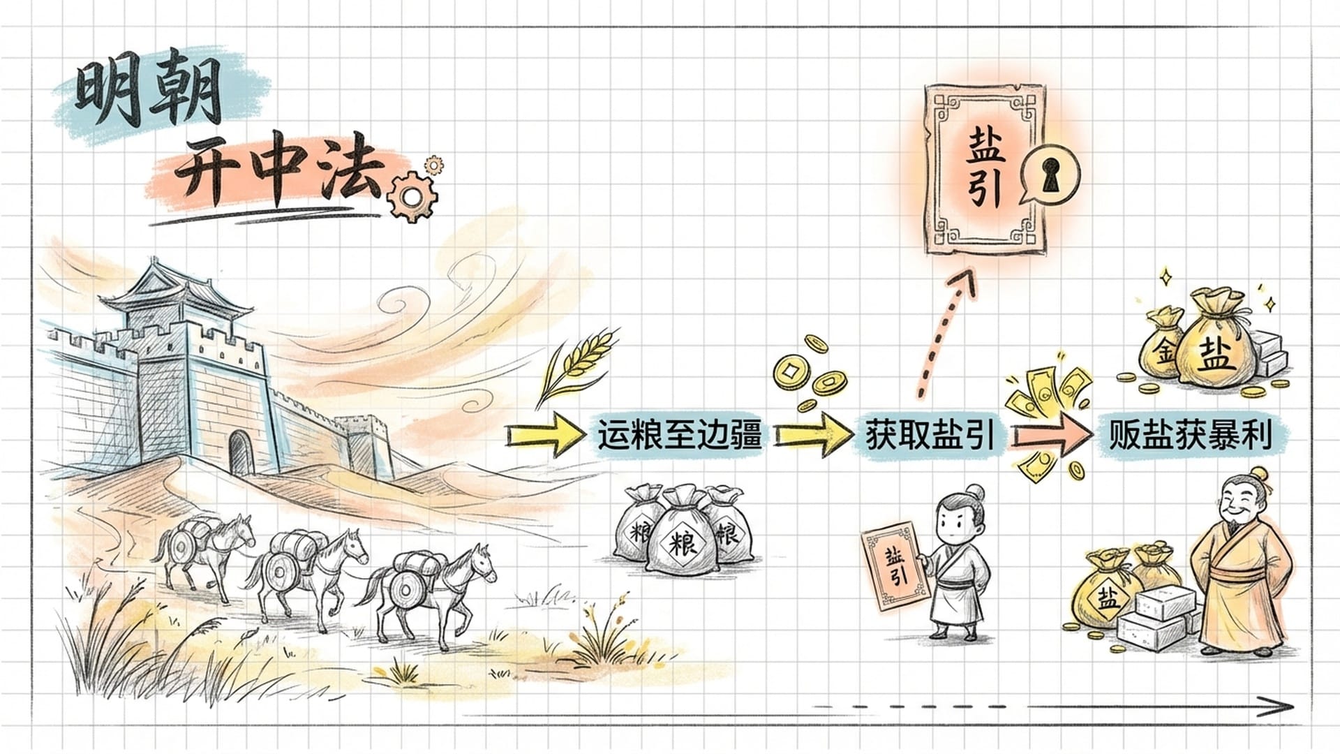 明代长城边境的军事重镇，风沙漫天，成群的运粮马队在枯草中前行。画面一角展示‘盐引’的古文书。