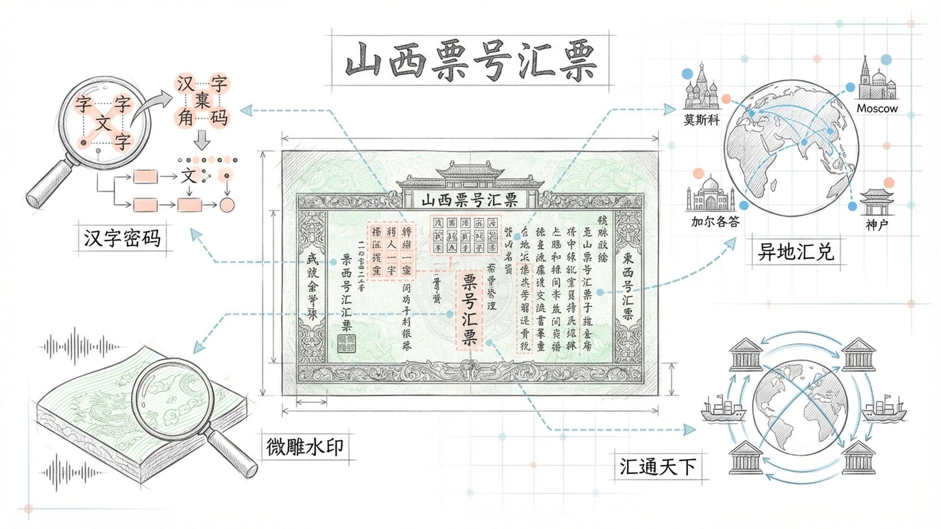 一张精美的山西票号汇票放大图，上面有细密的微雕水印和汉字密码。背景是连接全国各地的金融网络线条。