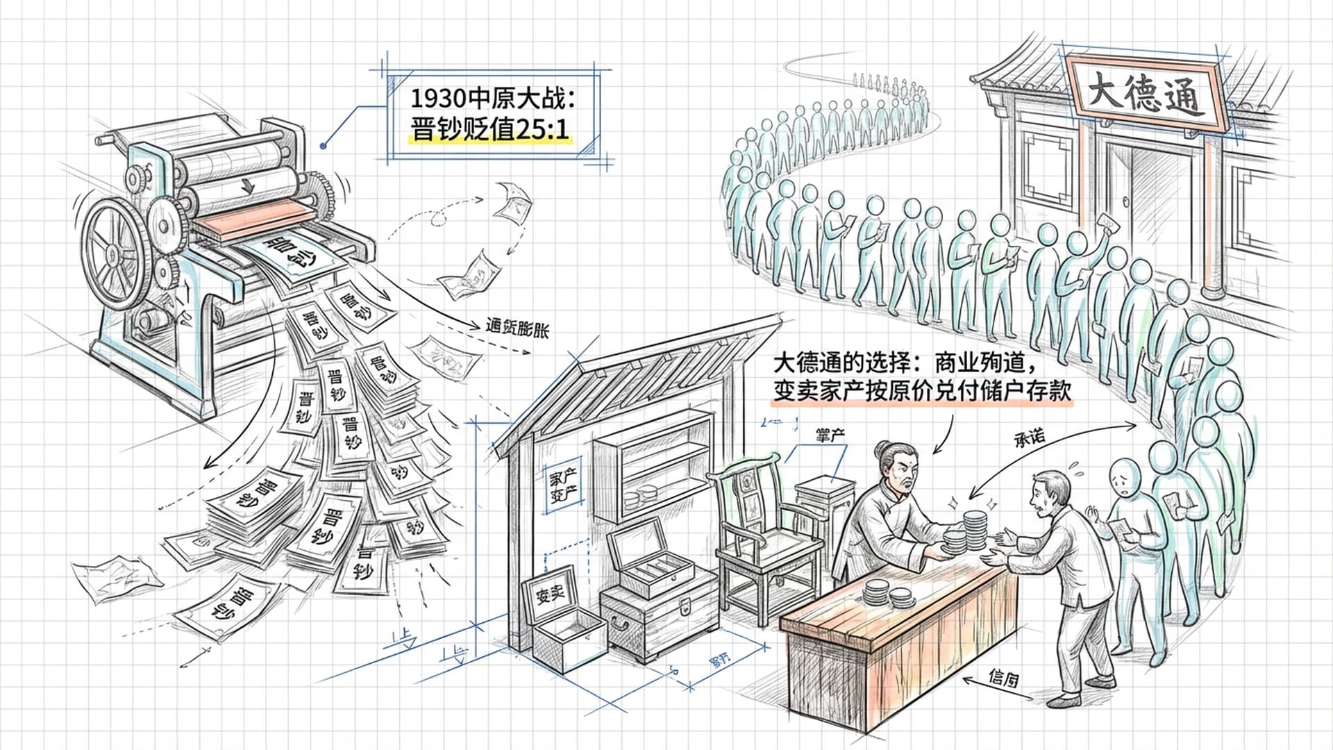 印钞机疯狂旋转吐出贬值的“晋钞”，大德通票号门口排起长队，掌柜正变卖自家的古董家具兑换真银换给客户。